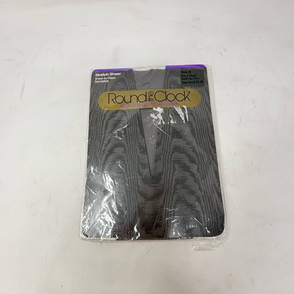 Vtg ROUND THE CLOCK Women’s Gray Silver NUDE ‘N NAUGHTY Sheer Pantyhose USA Sz A